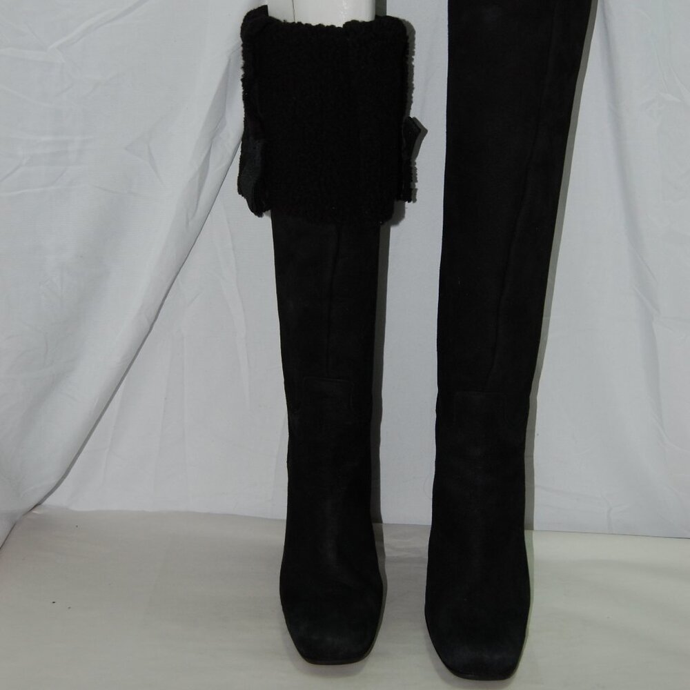 39.5/9.5❤️PRADA Black Slouch Shearling Suede Leather Over Knee High Heels Boots